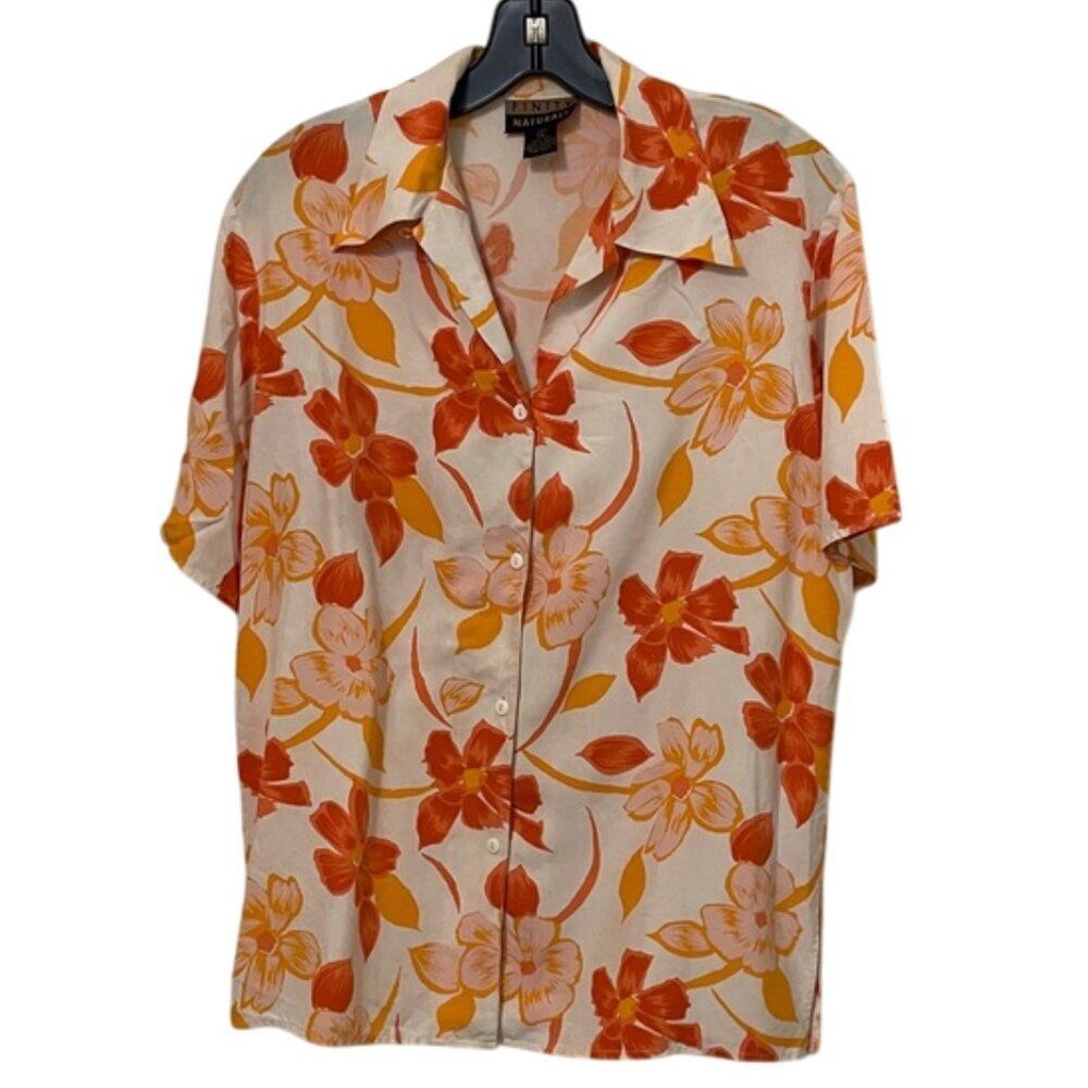 Finity Naturals VTG 90s Silk Hawaiian Floral Button Up Top Shirt Womens Size 6